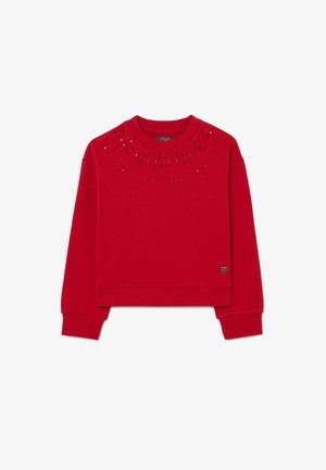 Rode cropped sweatshirt van zachte stof. Heeft een versierd ontwerp met glanzende accenten bij de halslijn en een klein hartlogo op de zoom.