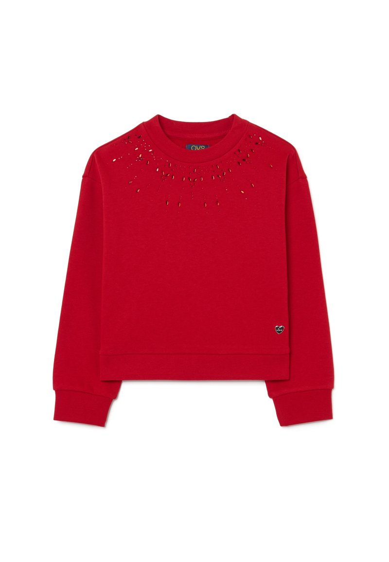 Rode cropped sweatshirt van zachte stof. Heeft een versierd ontwerp met glanzende accenten bij de halslijn en een klein hartlogo op de zoom.