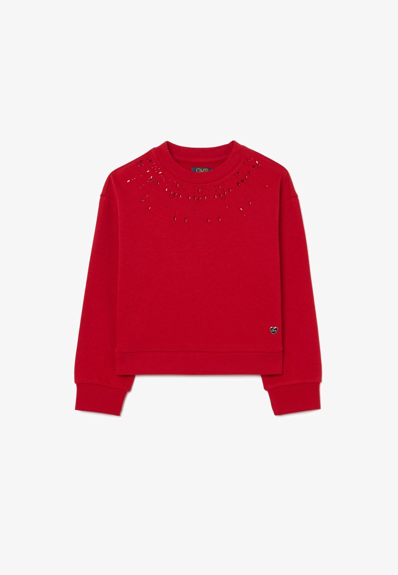 Rode cropped sweatshirt van zachte stof. Heeft een versierd ontwerp met glanzende accenten bij de halslijn en een klein hartlogo op de zoom.