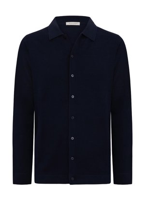 Granatowy kardigan na guziki z długim rękawem, kołnierzem, dopasowanymi mankietami i smukłym, dopasowanym krojem.