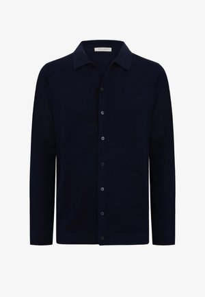 Marineblauer Langarm-Cardigan mit Knöpfen, Kragen, eng anliegenden Bündchen und einer schlanken, maßgeschneiderten Silhouette.