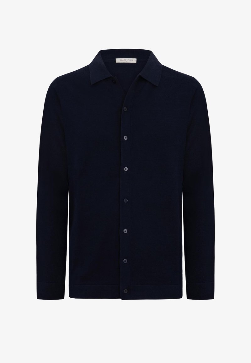 Cardigan azul marino de manga larga con botones, cuello, puños ajustados y una silueta entallada y elegante.