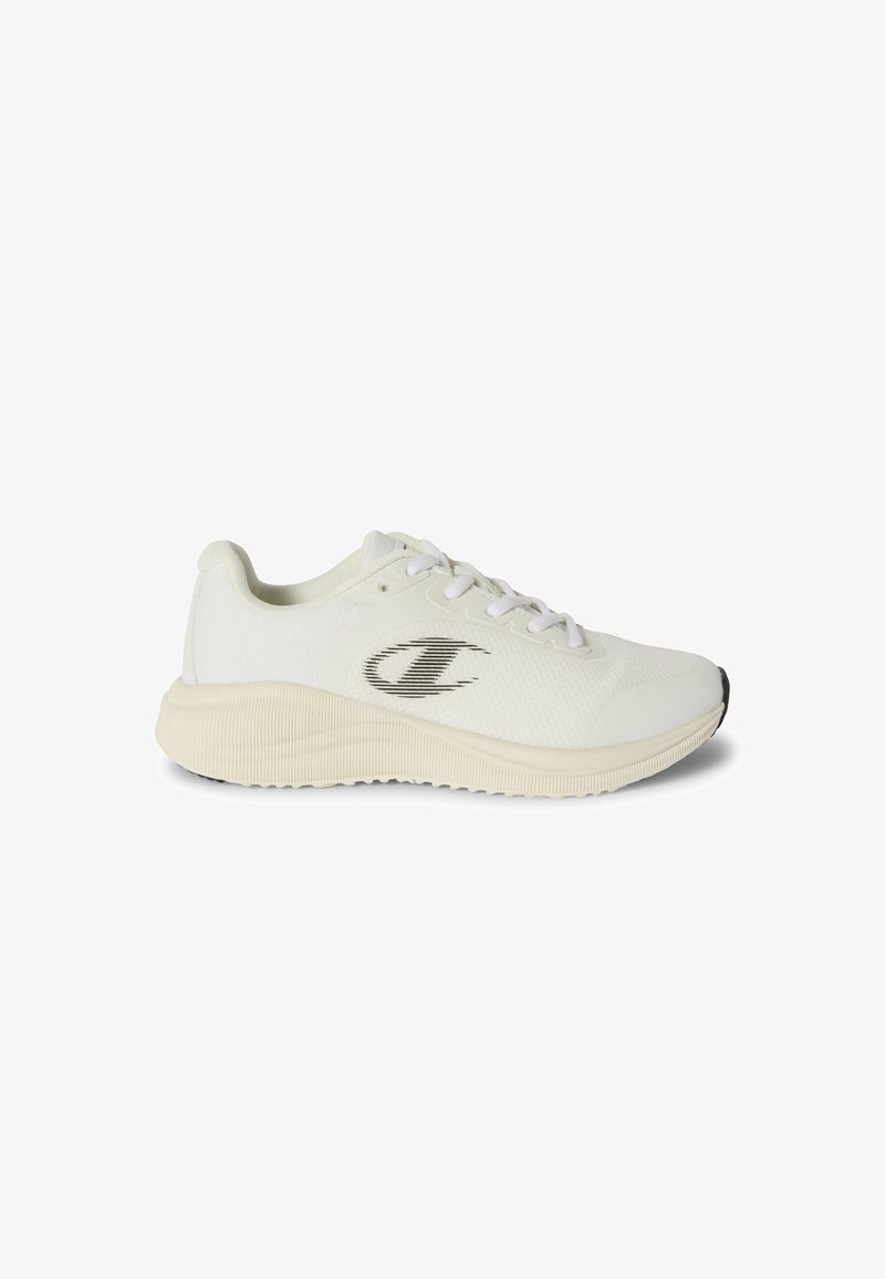 Witte sportieve schoen met een bovenwerk van mesh en een ronde neus. Beschikt over een gestructureerde zool, vetersluiting aan de voorkant en een zwart logo aan de zijkant. Lichtgewicht ontwerp.