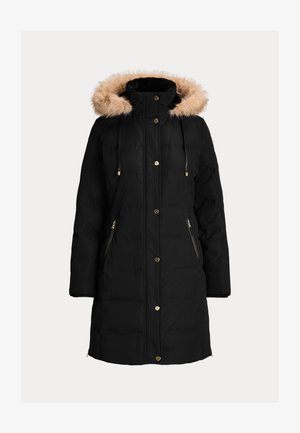 Black long padded winter coat with tan faux fur hood trim, front snap buttons, zipped side pockets, and drawstring hood.