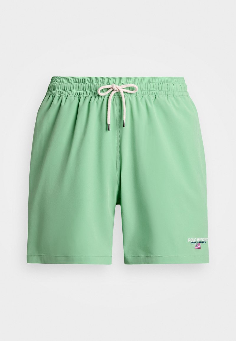 Mint green swim shorts with an elastic waistband, drawstring closure, and white logo detail on the lower left side. Smooth fabric texture.