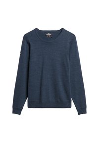 Navyblauwe trui van gebreide stof, met een ronde halslijn en lange mouwen. Inclusief geribbelde manchetten en onderkant, met een klein logodetail.