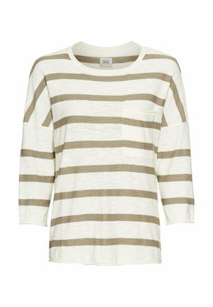 Gestreepte lange mouwen shirt in crème en taupe, met een ronde halslijn en een borstzak. Zachte stof met een relaxte pasvorm.