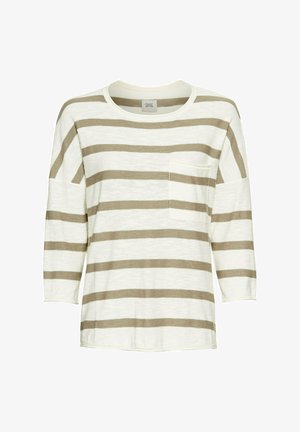 Gestreepte lange mouwen shirt in crème en taupe, met een ronde halslijn en een borstzak. Zachte stof met een relaxte pasvorm.