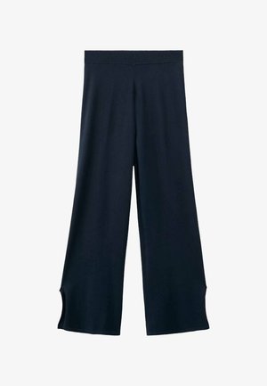Hlače širokih hlačnic v temno modrem materialu, z mehkim elastičnim pasom in stranskimi razporki na robu za dodatno poudarjanje.