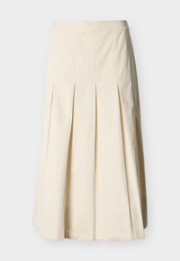 Φούστα σε σχήμα Α με πιέτες από εκρού βαμβακερό ύφασμα. Διαθέτει εφαρμοστό ζωνάρι και ρέουσα σιλουέτα με ομοιόμορφα κατανεμημένες κάθετες πιέτες.