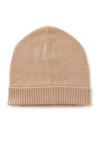 Beige pletená čepice s žebrovaným manžetou, vyrobená z měkkého materiálu, s malým logem na boku. Kulatý, těsný tvar.