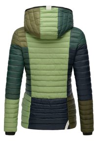 Quilted hooded jacket featuring varying green and navy panels, sleek design, and a soft texture. Zipper closure with side tag detail.