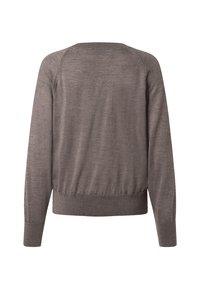 Brun stickad tröja med långa ärmar, ribbade muddar och nederkant, med en enkel sömlös baksidedesign och lätt textur.