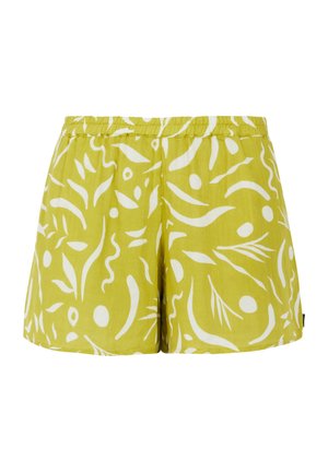 Vihreät shortsit, joissa on valkoinen abstrakti kuvio. Valmistettu kevyestä kankaasta ja varustettu joustavalla vyötärönauhalla mukavuutta varten.