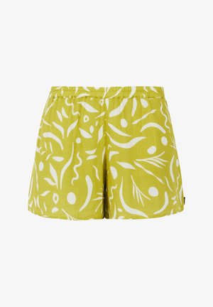 Žalios spalvos šortai su baltu abstrakčiu raštu. Pagaminti iš lengvos medžiagos, turi elastinę juostą juosmens srityje dėl patogumo.