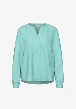 Lyseblå langærmet bluse med delt udskæring og manchetter med knapper, mærket Street One.