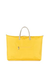 Borsa a spalla in tessuto giallo con manici in pelle beige, dotata di una tasca frontale con zip e un design spazioso. Texture liscia e stile minimalista.
