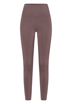 Hoge taille legging in een gedempte mauve kleur, gemaakt van een glad, rekbaar materiaal. Heeft een naadloos ontwerp zonder zichtbare hardware.