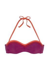 Violetinė ir oranžinė bikini viršutinė dalis su išlenkta forma, turinti reguliuojamas raišteles ir tekstūruotą audinį, užtikrinantį patogų prigludimą.