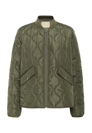 Veste matelassée vert olive avec une fermeture éclair à l'avant, un col côtelé et deux poches à boutons-pression. Texture lisse avec un motif ondulé.