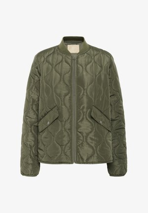 Alyvuogių žalios spalvos siuvinėta striukė su priekiniu užtrauktuku, ribuota apykakle ir dviem spaudžiamais kišenėmis. Lygi tekstūra su banguotu raštu.