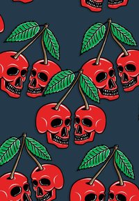 Des têtes de mort rouges avec des feuilles vertes disposées en motif répétitif sur un fond sombre. Présente des contours audacieux et un style cartoon.