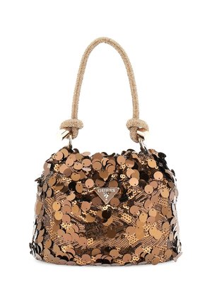 Lille håndtaske dækket med skinnende bronzefarvede palietter med knyttet beige håndtag og metal Guess-logo på forsiden.