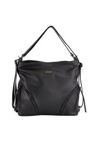 Black leather shoulder bag with two front zippered pockets, textured surface, and dual straps. Features a brand logo on the front.