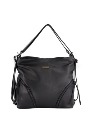 Black leather shoulder bag with two front zippered pockets, textured surface, and dual straps. Features a brand logo on the front.