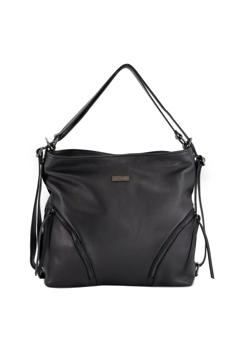 Black leather shoulder bag with two front zippered pockets, textured surface, and dual straps. Features a brand logo on the front.