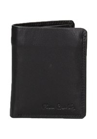 Portefeuille en cuir noir avec un design plié. Présente des coutures visibles et un logo en relief. Texture lisse avec un look minimaliste.