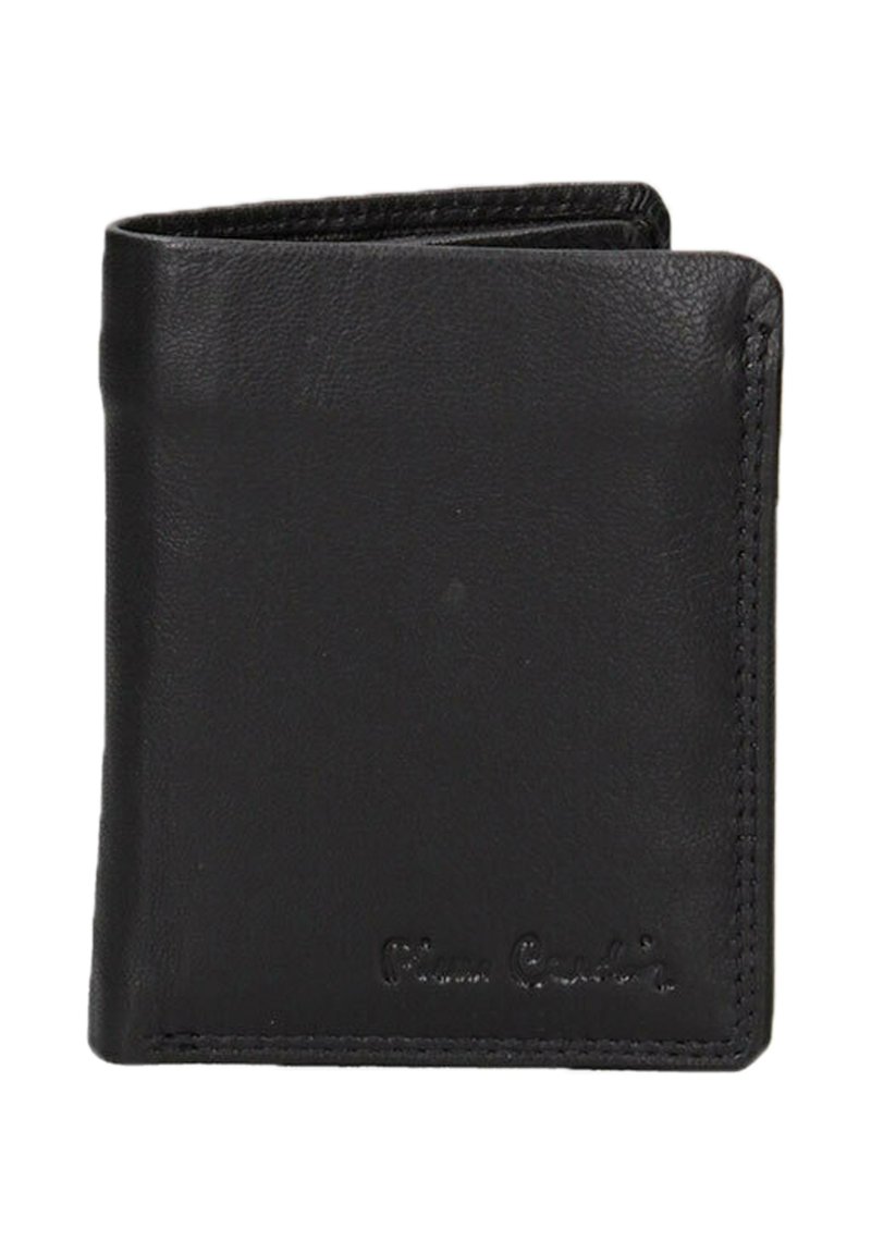 Portefeuille en cuir noir avec un design plié. Présente des coutures visibles et un logo en relief. Texture lisse avec un look minimaliste.