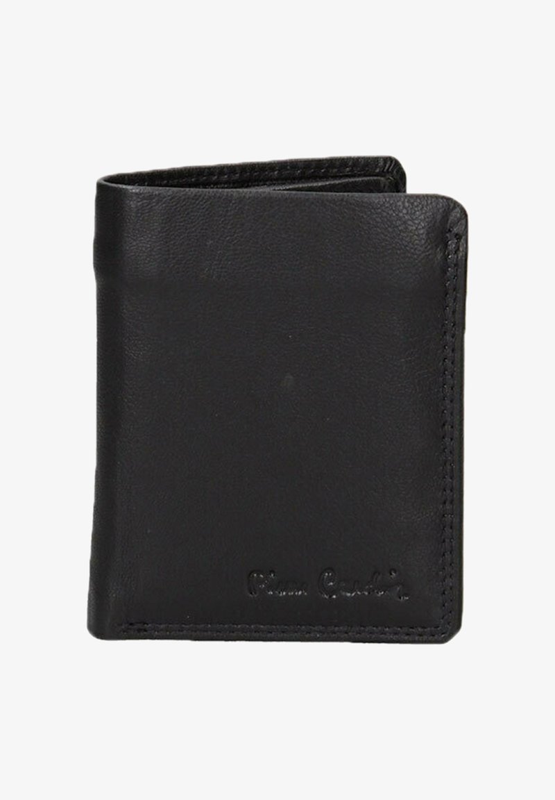 Le portefeuille en cuir noir présente une texture lisse, un design minimaliste et des accents de couture. Il comprend un logo embossé sur le devant.