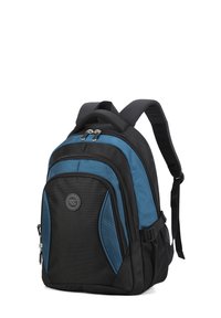 Schwarzer und blauer Rucksack aus strapazierfähigem Material, mit mehreren Reißverschlusstaschen, gepolsterten Schultergurten und einem runden Logodesign.