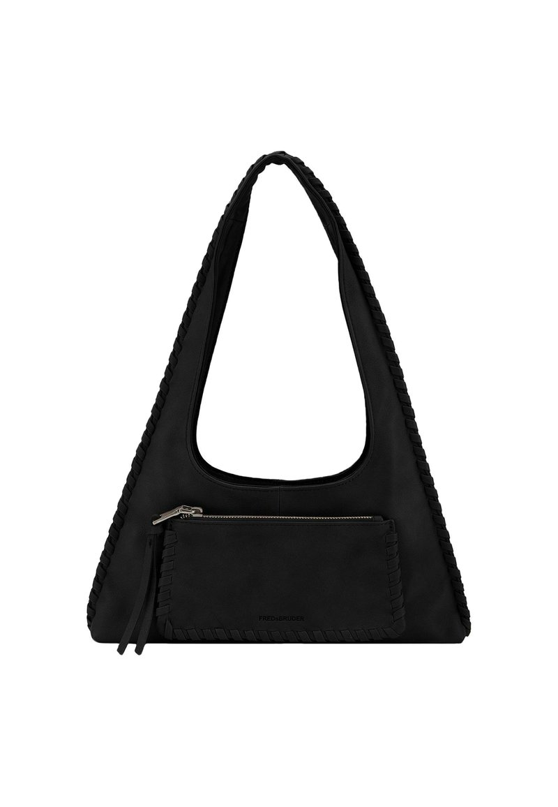 Borsa a tracolla in pelle nera a forma triangolare, con manico largo e dettagli intrecciati. Presenta una tasca frontale con zip e una texture liscia.