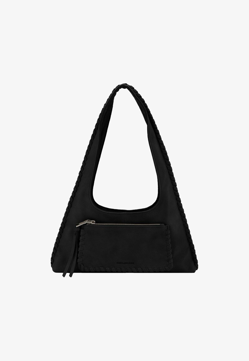 Borsa a tracolla in pelle nera a forma triangolare, con manico largo e dettagli intrecciati. Presenta una tasca frontale con zip e una texture liscia.