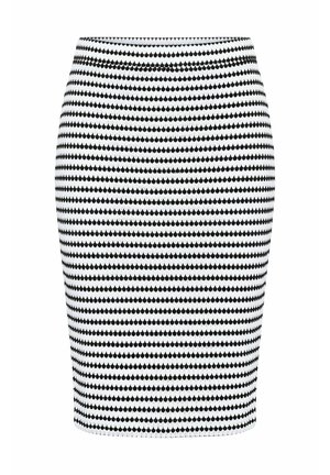 Schwarz-weißer Bleistiftrock mit horizontalen Reihen von tropfenförmigen Mustern, die ein gestreiftes Muster erzeugen, figurbetonte Silhouette.