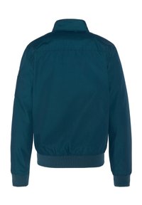 Donkerblauwe bomberjack met een kraag, elastische manchetten en tailleband. Beschikt over een zijzak en een gladde, gestructureerde stof.