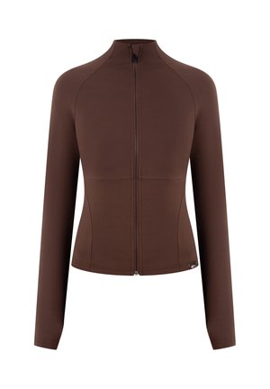 Giacca marrone aderente a maniche lunghe con cerniera frontale e collo alto, realizzata in tessuto liscio ed elastico per una silhouette elegante.