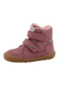 Stivale alto rosa in suede per bambini, con fodera fluffy, due cinturini in Velcro, lato in tessuto a fantasia e suola in gomma marrone.