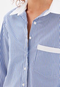 Camicia a righe blu e bianche con colletto bianco, dotata di chiusura con bottoni, righe verticali e taschino sul lato sinistro del petto. Morbida texture del tessuto.