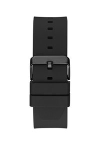 Black silicone watch strap with a smooth texture, adjustable holes, and a black metal buckle. Features a minimalist design and rectangular shape.