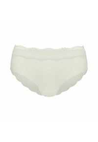 Beżowa bielizna w jasnym odcieniu z koronkową lamówką o falistym wzorze, gładką fakturą i średnim stanem, odpowiednia do codziennego noszenia.