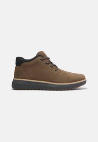 Brown leather ankle boots with a black collar, round toe, and brown laces. Features a thick gray rubber sole with traction. Embossed logo.
