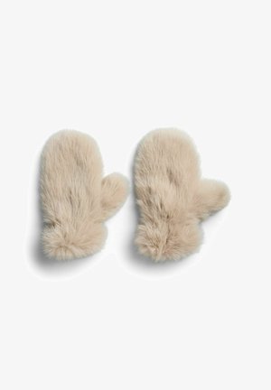 Cream-colored, fuzzy mittens with soft texture, rounded shape, and a thumb compartment. Features a plush trim at the wrist.