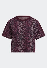 Camiseta recortada de manga corta con estampado de leopardo en burdeos y negro y cuello redondo.
