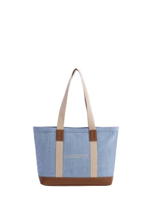 Bolsa tote de lona azul claro con asas beige y ribete de cuero marrón, con el logo "Don Algodón" en el centro frontal.