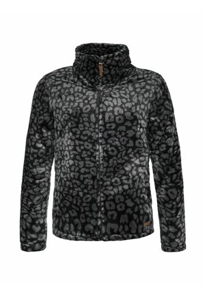 Zwart en grijs luipaardprint fleece jack met hoge kraag, volledige ritssluiting aan de voorkant en lange mouwen; zacht textuur en lichtgewicht ontwerp.