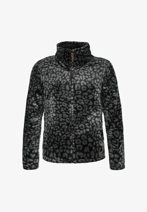 Zwart en grijs luipaardprint fleece jack met hoge kraag, volledige ritssluiting aan de voorkant en lange mouwen; zacht textuur en lichtgewicht ontwerp.