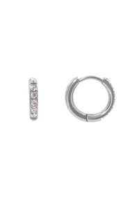 Boucles d'oreilles en argent en forme de créole, ornées d'une rangée verticale de cinq petites pierres roses. Le design est élégant avec une finition polie et des bords arrondis.